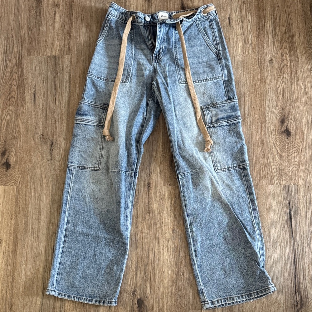 KanCan Blue Cargo Pants with Tan Belt